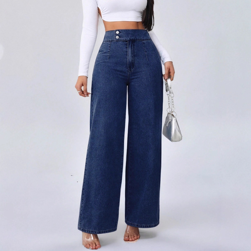 Cross-Border Tiktok Hit! Women's High-Waisted Wide-Leg Denim Pants for Autumn and Winter, Vintage Deep Blue with Unique Button Design