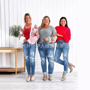 European and American Cross-Border Foreign Trade New Amazon Independent Station Ripped Street Hip-Hop Street Straight Mid-Waist Jeans for Women