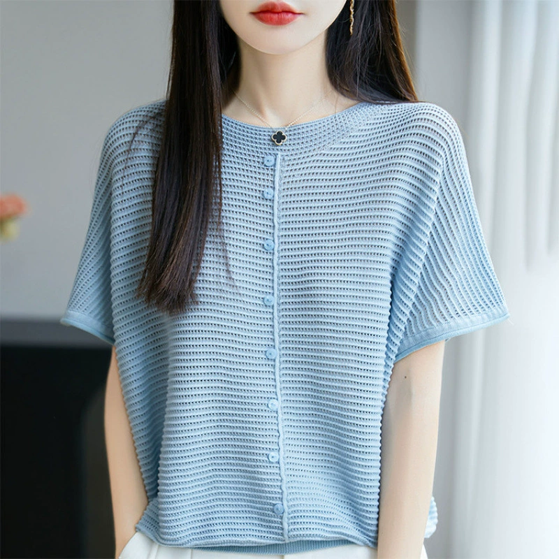 Новая летняя женская рубашка из тенселя с короткими рукавами и круглым вырезом, тонкая футболка, пуловер, льняная трикотажная рубашка из ледяного шелка, простая