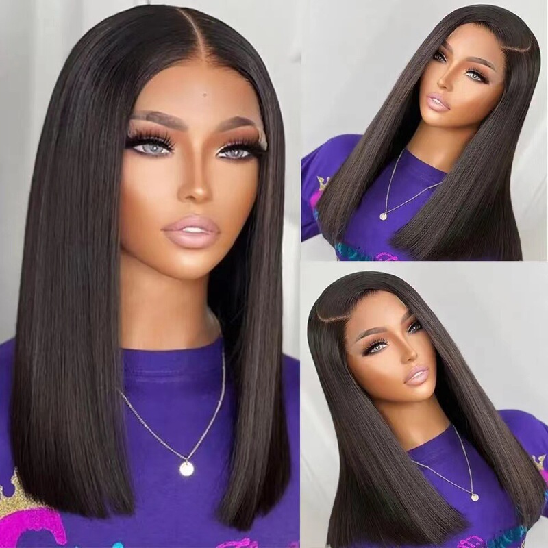 Cross-Border Hot-Selling Human Hair Wig Front Lace Long Straight Bob Wig Lace Headgear in Stock