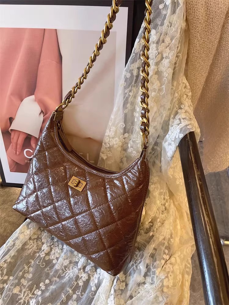 Túi tote nữ da thật kiểu tweed đeo chéo dây xích chần bông — Màu đen, Đỏ Ancora, Cà phê Mocha, Màu nâu chi tiết 8