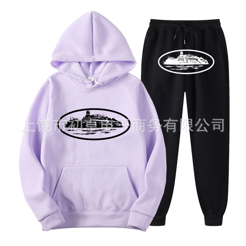 Europeo y americano clint419 diablo prisión patrón hombres y mujeres mismo suéter traje impreso con capucha conjunto de dos piezas al por mayor