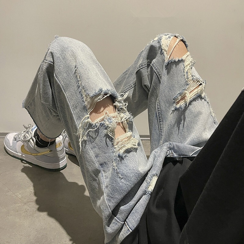 Vintage Straight-Leg Men's Spring Frayed Ripped Cropped Jeans High Street Ins New Trendy Brand Distressed Pants