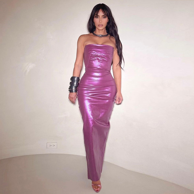 7703SG European and American Women's Clothing 2023 Summer New Gold Kardashian Sex-like Zipper Pu Leather Dress for Women