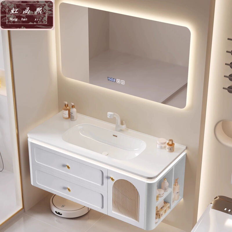 New Rubber Wood Bathroom Cabinet Bathroom Combination Cream Hand Washing Smart Cabinet Wash Basin Wash Basin Ceramic Basin