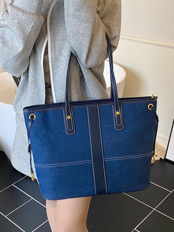 Denim color en contraste retro mano portando bolso Tote femenino transfronterizo nuevo bolso de hombro europeo y americano de gran capacidad con textura