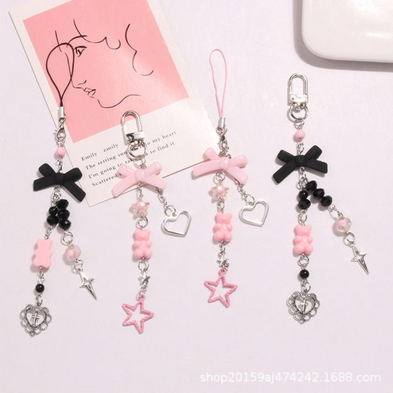 Sweet cool hot girl style hollow heart keychain pendant cute bear bow accessories earphone case bag decoration