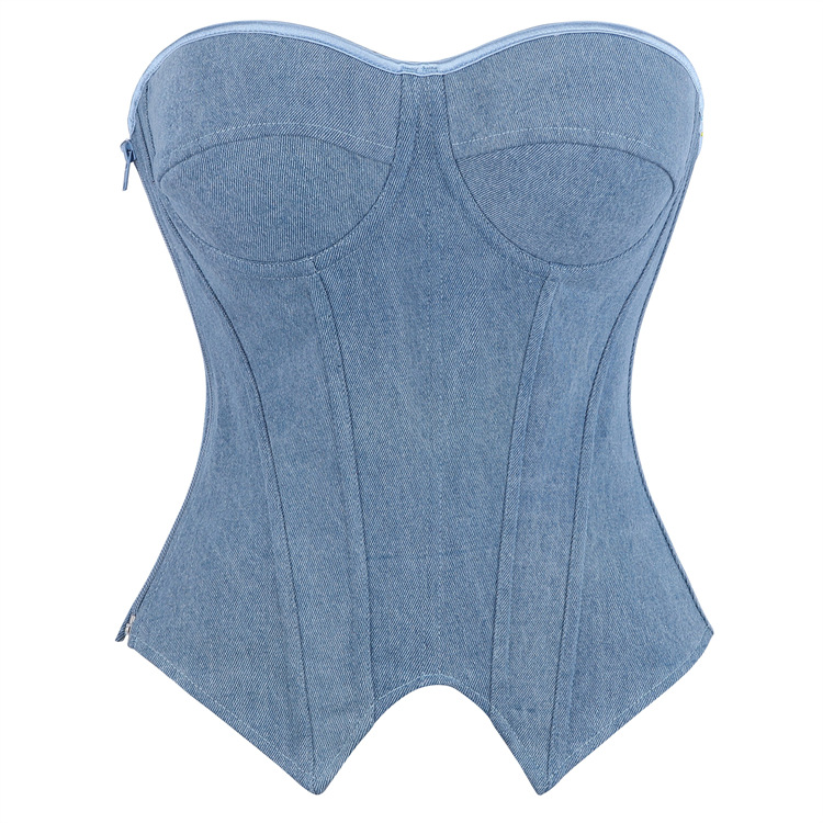Light Blue Denim Strapless Shapewear Top With Bra Support For Women_voghion.com