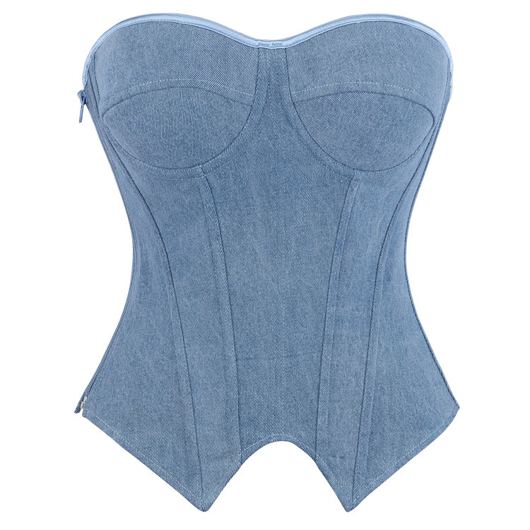 New Style Denim Fabric Light Blue Bustier Top with Cup Support for Women, Shapewear Top, Amazon Aliexpress Source
