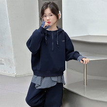 女童套装秋季2025新款中大儿童洋气休闲运动格子拼接卫衣裤两件套