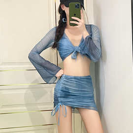 分体泳衣女2024新款长袖比基尼四件性感纯欲风沙滩度假泡温泉泳装