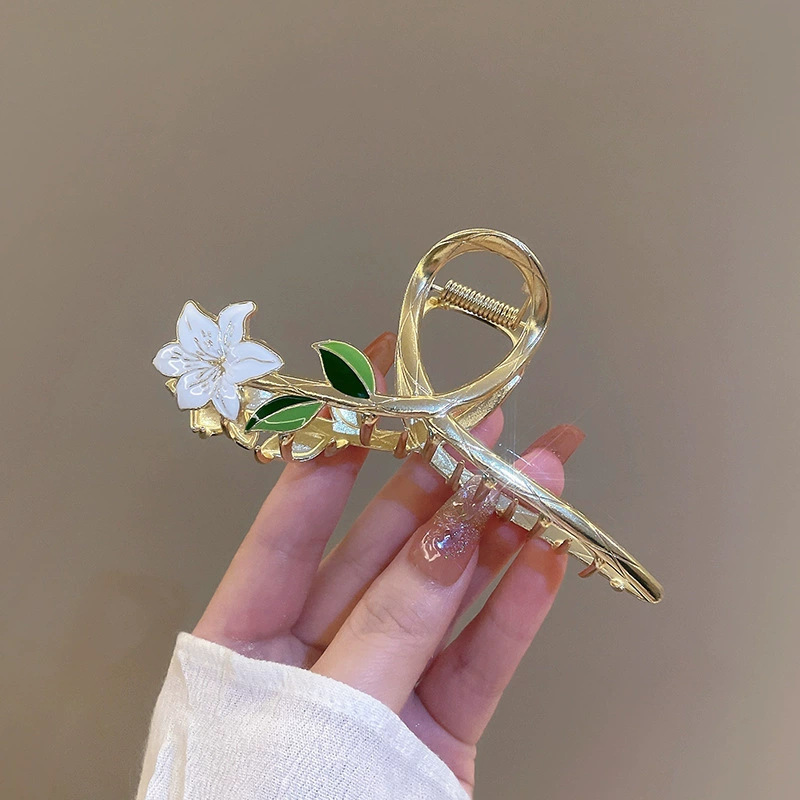 Women's Alloy Painting Oil Fresh Sweet Elegant Lily Flower Large Grab Clip Elegant Retro Fashion Hair Headwear
