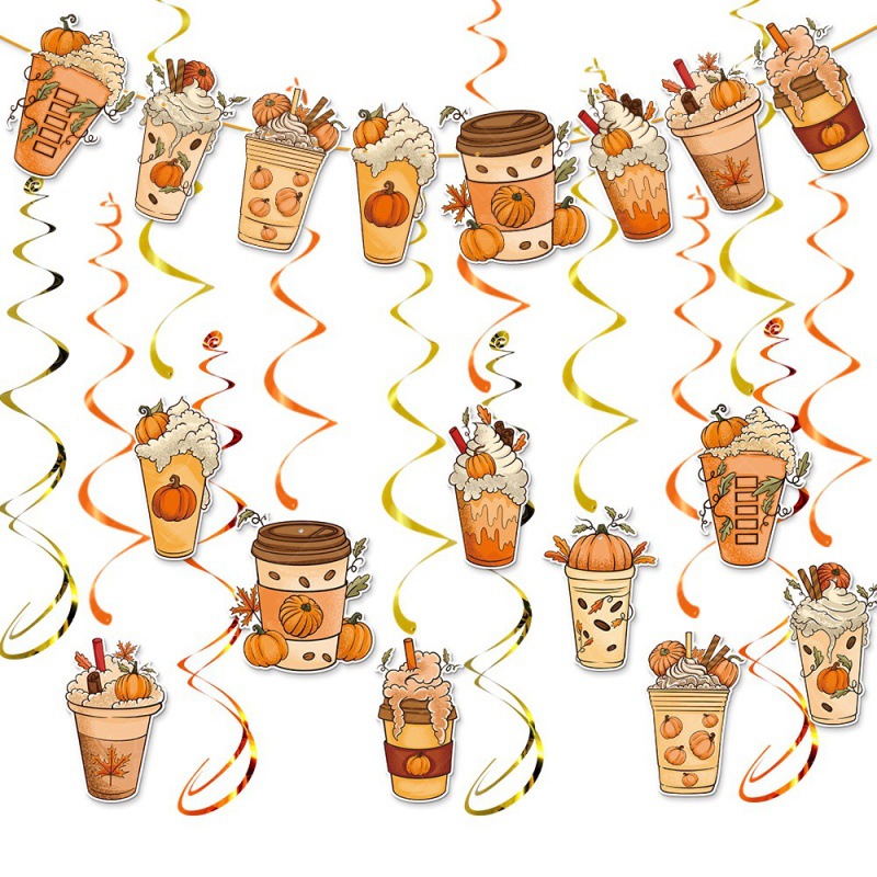 Fabricantes al por mayor otoño decoración de fiesta de Acción de Gracias, bandera de tracción, etiqueta en espiral, decoración de fiesta de cumpleaños, juego de bandera de tracción