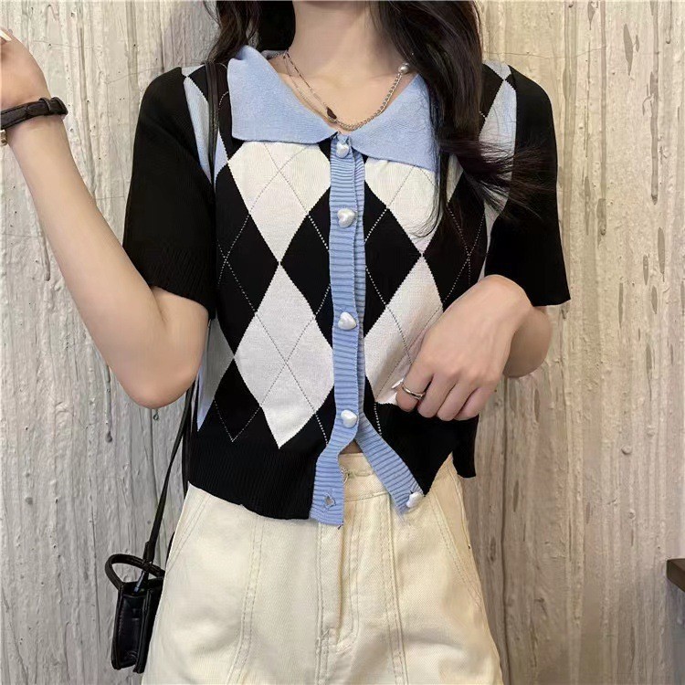 retro thin summer design knitted T-shirt with diamond pattern