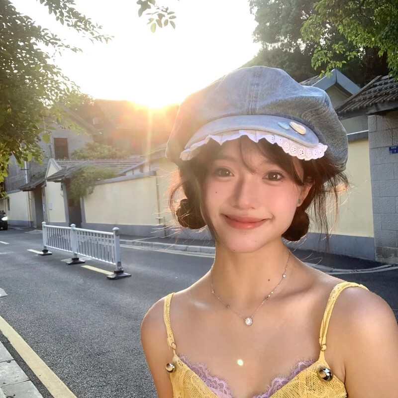 ボタンレースのサイドの水洗いデニムのベレー帽の女性の夏の韓国版の百合の顔の小さい雲の帽子の八角の帽子の潮|undefined