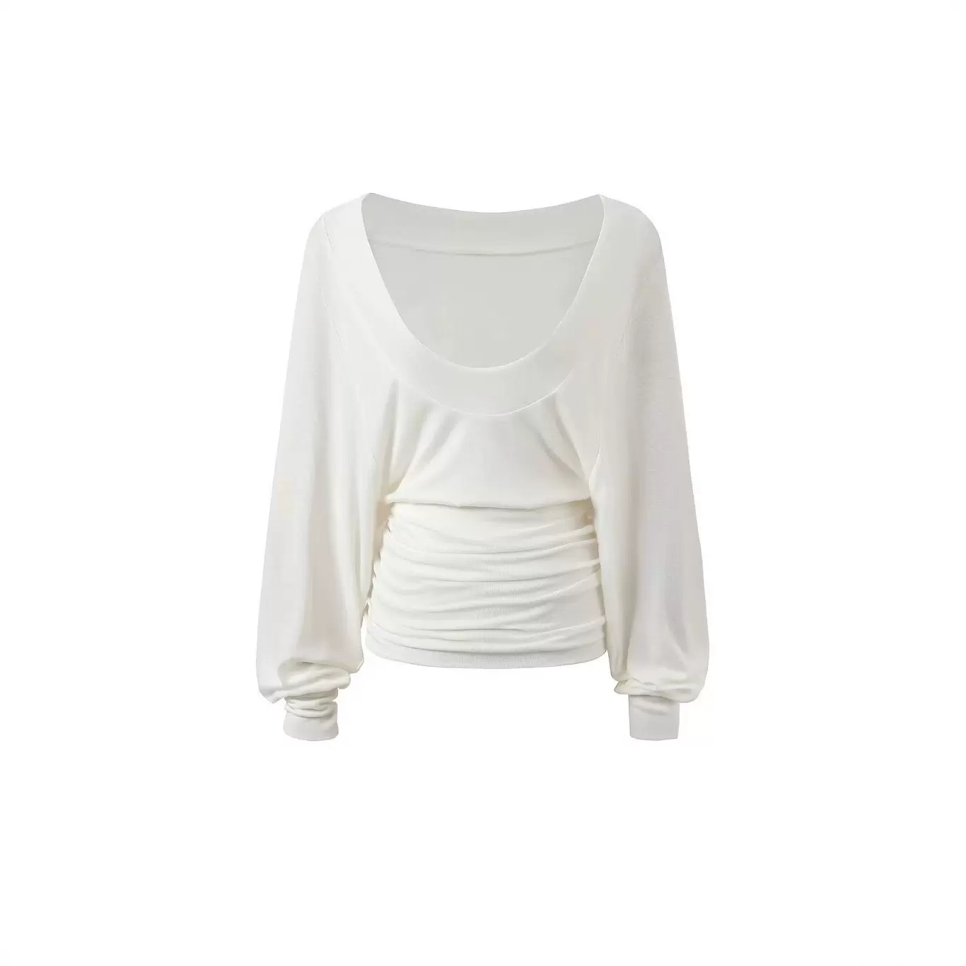 纯欲白色u领长袖T恤女秋季修身收腰设计上衣罩衫长袖t恤新款上衣