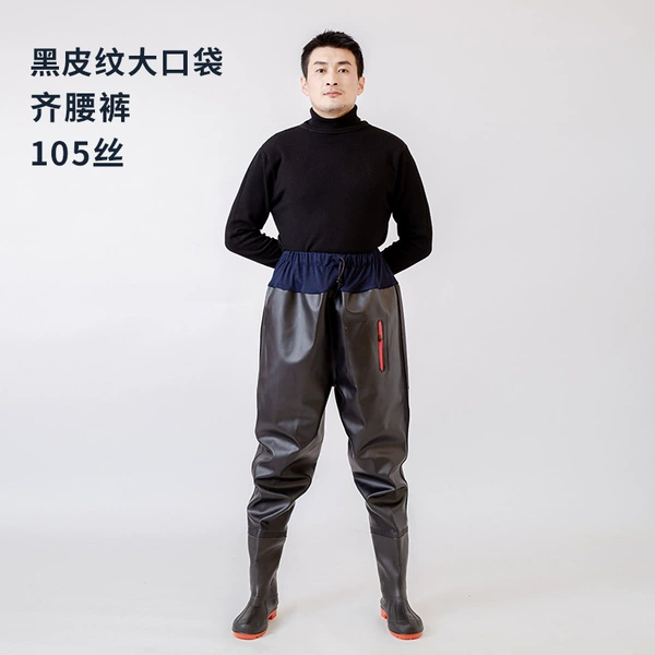 Black leather pattern large pockets-waist-length pants-105 silk