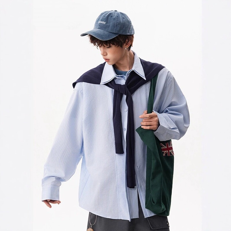 Detachable shawl blue striped long-sleeve shirt for men and women, loose-fitting, youthful style, autumn shirt, couple's cardigan jacket, trendy