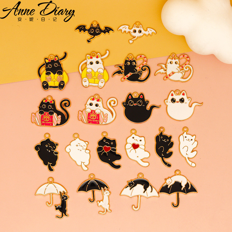Halloween black and white cat DIY accessories devil ghost black cat alloy oil drop decoration pendant pendant