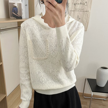 蕾丝连帽针织衫女宽松2025春装新款韩版毛衣百搭钉珠显瘦打底上衣