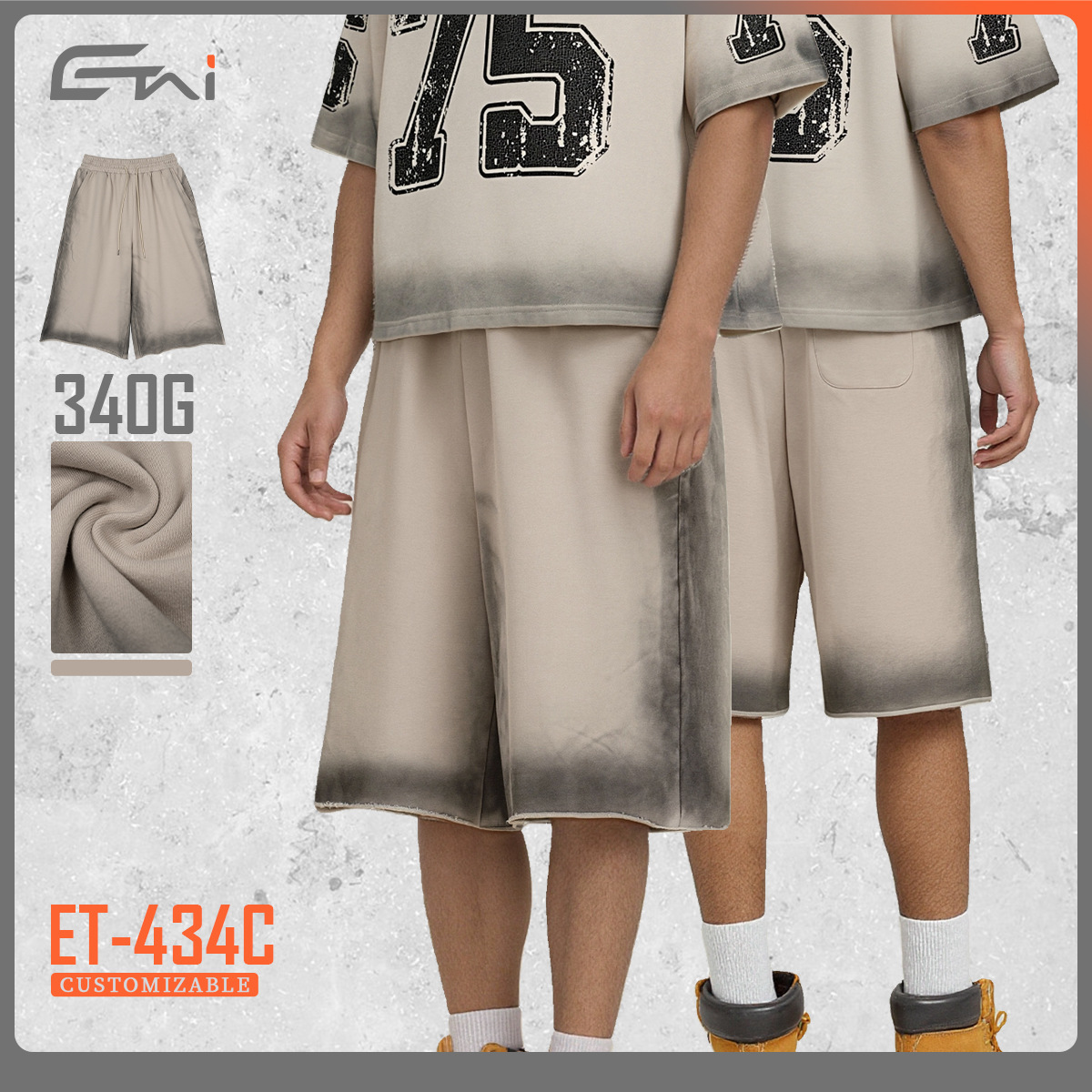 Etai Men's Fashion Brand Casual Loose Spray-Colored Cropped Pants High-Quality Heavy 340g Loose Edge Drawstring Men's Shorts