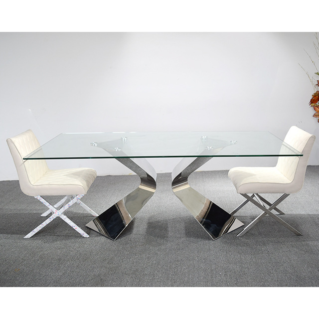A8095 mesa de comedor minimalista contemporánea italiana de lujo ligera base de acero inoxidable 12 mm mesa de comedor de vidrio templado