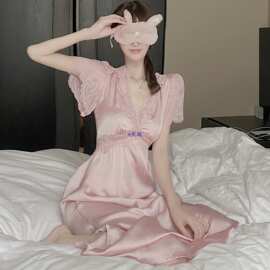性感短袖长款睡裙女2026夏季薄款显瘦蕾丝睡衣显瘦复古连衣裙女潮
