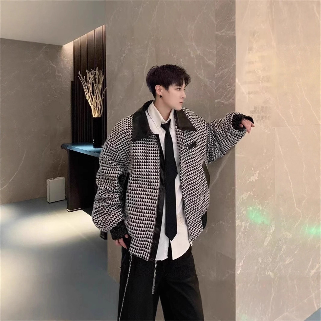 Trendy And Versatile Men's And Women's Diamond Patterned Jacket, Men's Patchwork Loose And Cool Jacket_voghion.com
