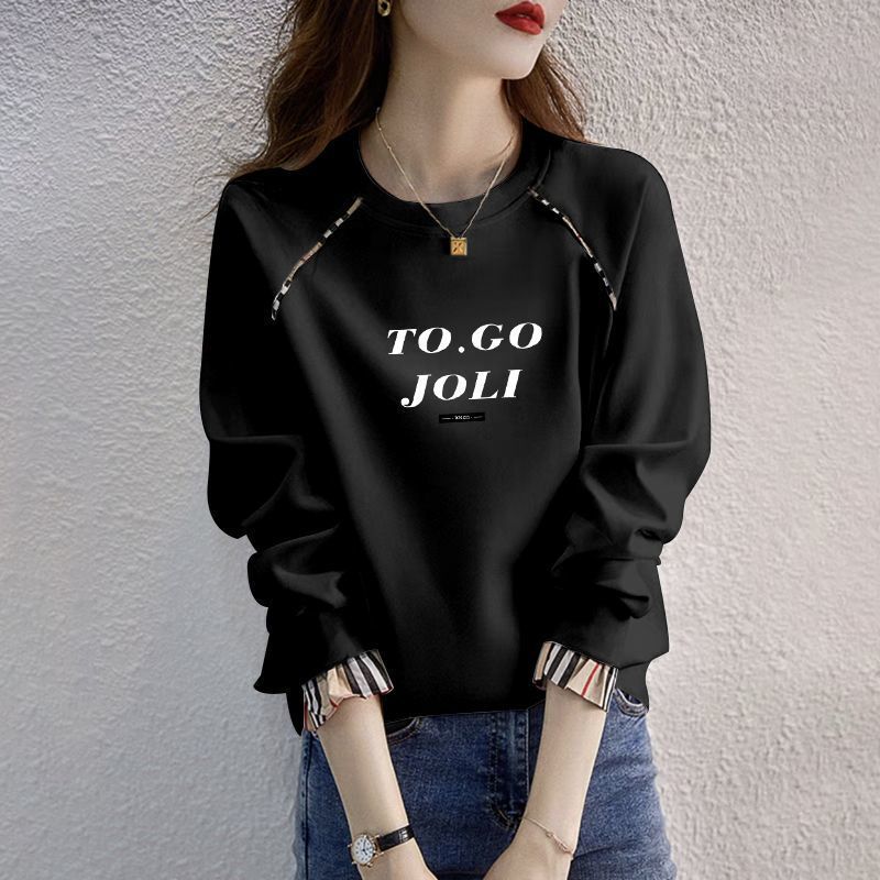 Thin Pure Cotton Sweatshirt for Women 2025 Spring & Fall Korean Style Hoodless Loose Pullover Long-Sleeved Round Neck Fake Two-Piece Top Trendy Thin Pure Cotton Sweatshirt for Women 2025 Spring & Fall Korean Style Hoodless Loose Pullover Long-Sleeved Round Neck Fake Two-Piece Top Trendy