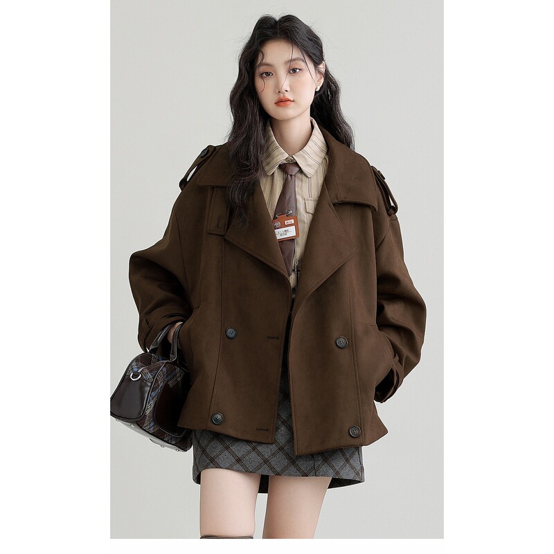 2025 Autumn and Winter New Maillard Windbreaker Jacket Women's Lapel Loose High-End Coffee Color Coat Trend