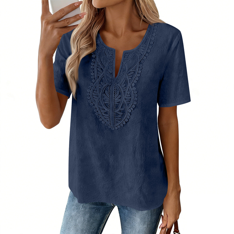 2026 Hot-Selling Women's New Short-Sleeved Cotton and Linen Shirt V-Neck Lace Casual Loose Bohemian Style Top 2026 Hot-Selling Women's New Short-Sleeved Cotton and Linen Shirt V-Neck Lace Casual Loose Bohemian Style Top