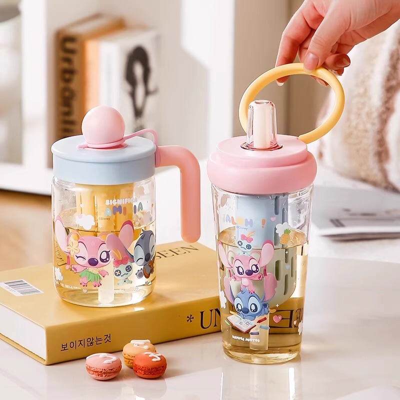 女の子用ステッチガラスカップ、大容量冷たいドリンクフルーツティーカップ、ステッチティーカップ、ストロー付き独立したティーワゴン|undefined