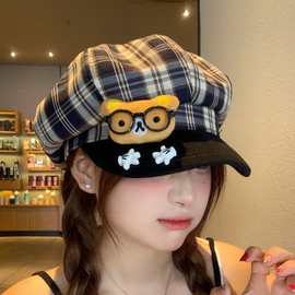 可爱卡通眼镜小熊格纹八角贝雷帽女百搭大头围显脸小鸭舌画家帽子