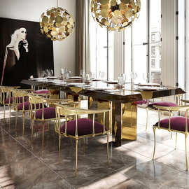 高端奢华实木餐桌设计师款创意长方形黄铜餐台豪华酒店餐厅饭桌