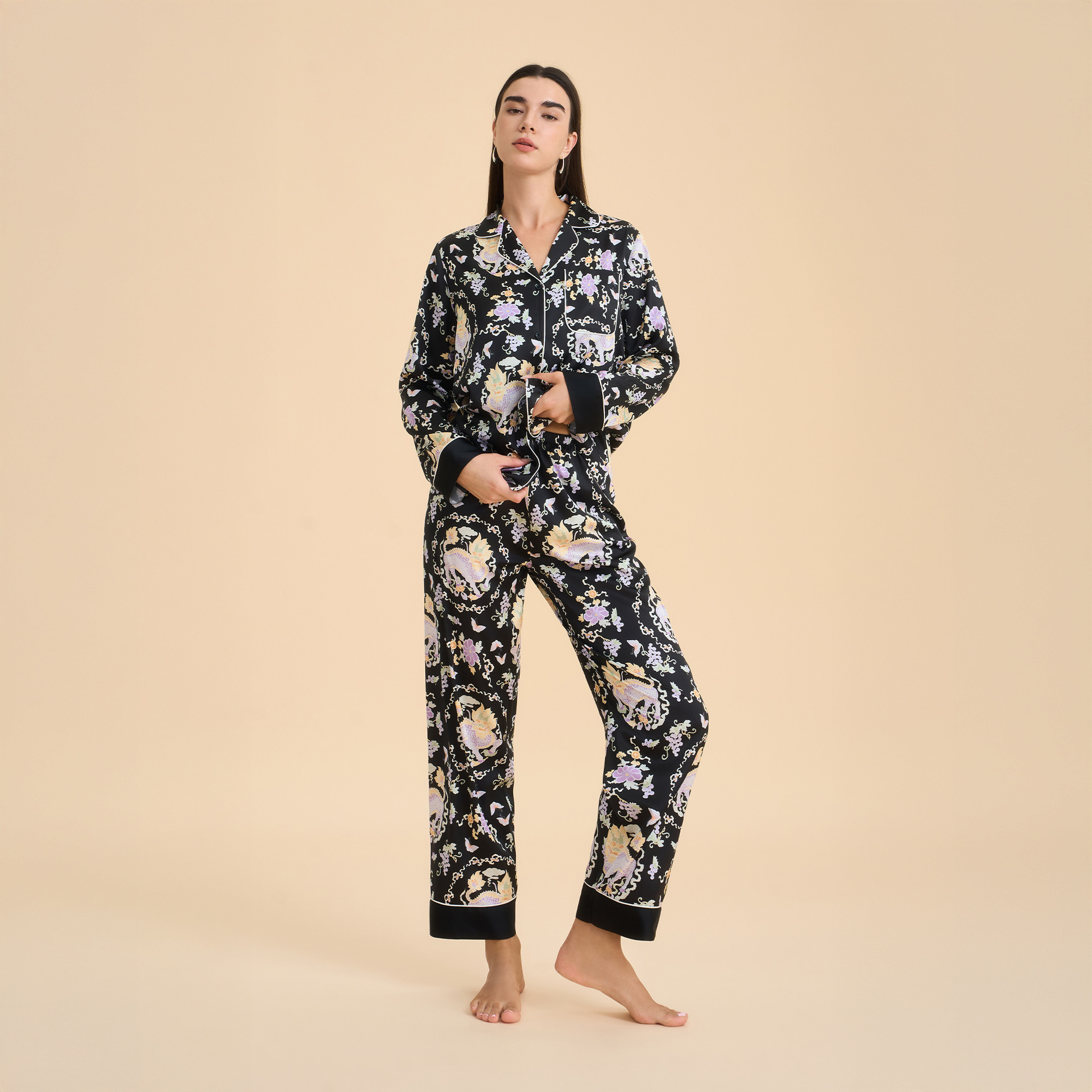 Pijama floral elegante de primavera y otoño para mujeres pantalones de manga larga con solapa delgada ropa casera casual y cómoda TZ4001