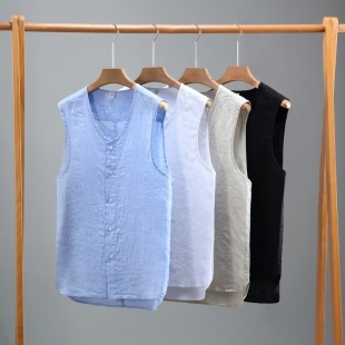 921 Summer Solid Color Linen Vest Men's Youth Sleeveless Vintage Washed Linen Material Breathable Thin Button