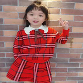 女童新款格子套裙秋季童装毛衣红色上衣裙子两件套女孩学生制服潮