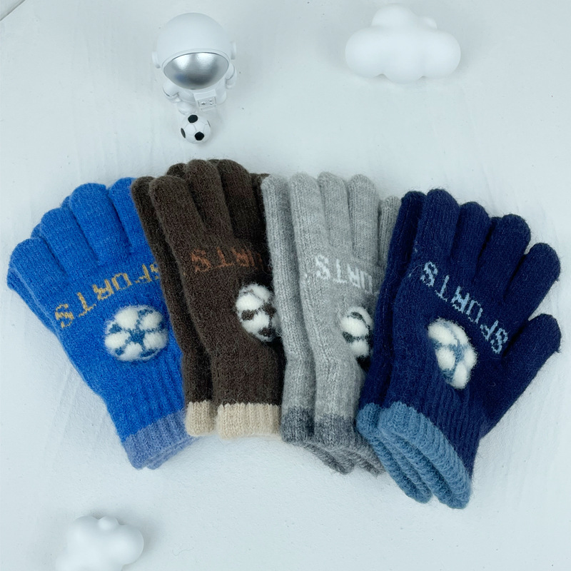 Children's Gloves Autumn and Winter Boys' Finger Cover Warm Thickened Baby's Wool Knitted Football Five-Finger Gloves