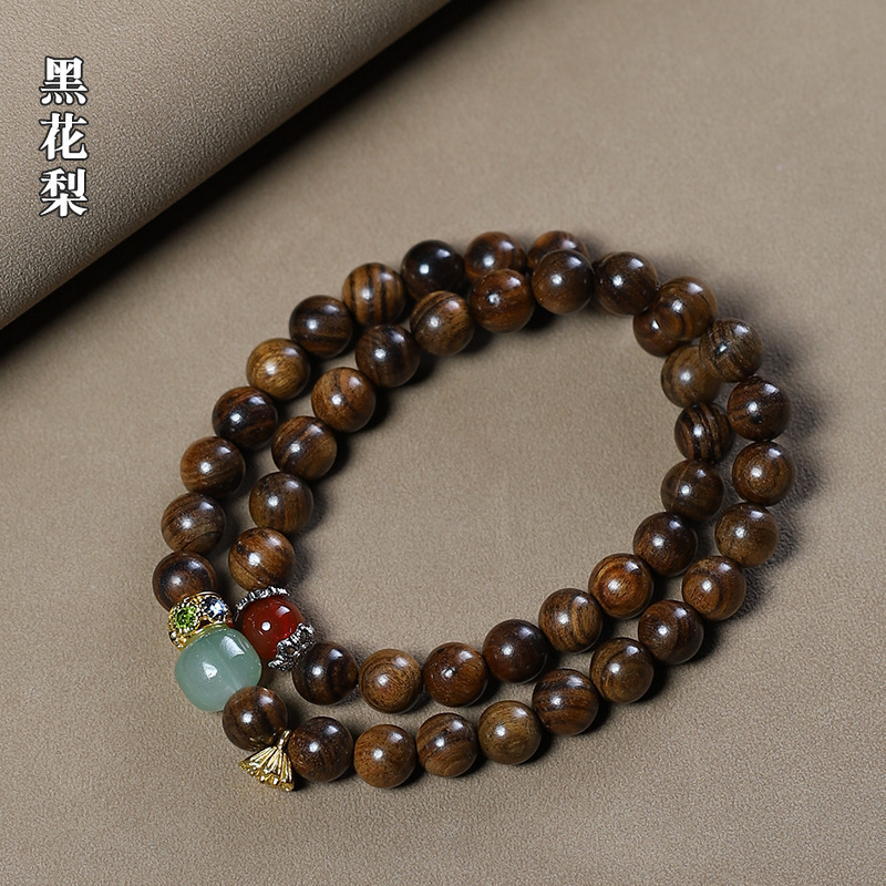 Black Huali 8mm Double Circle Bracelet Female Dongling Jade Lotus Pendant Vintage Bracelet Couple Buddha Beads Play Jewelry