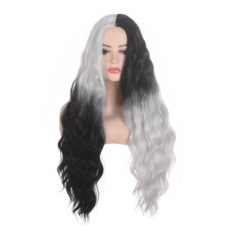 Cosplay pelucas Halloween juegan toque de cabeza en blanco y negro en medio de gradiente europeo y americano pelucas longas