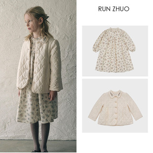In-Stock Lou2025 Autumn and Winter New Girls' Skirt Set, Quilted Cotton Jacket with Small Stand Collar and Floral Dress