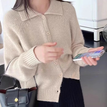 针织娃娃领外套短款简约设计感通勤风格100纯羊毛衫开衫2025新款