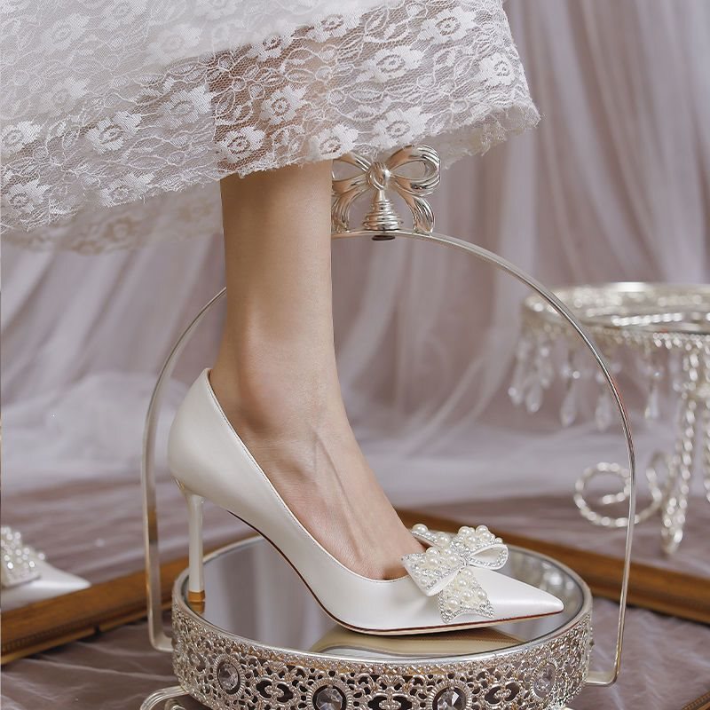 Wedding Shoes 2026 New Model for Women, Thin Heel Bridal Wedding Dress Shoes, White French-Style High Heels, Suitable for Both Wedding and Traditional Chinese Wedding Attire