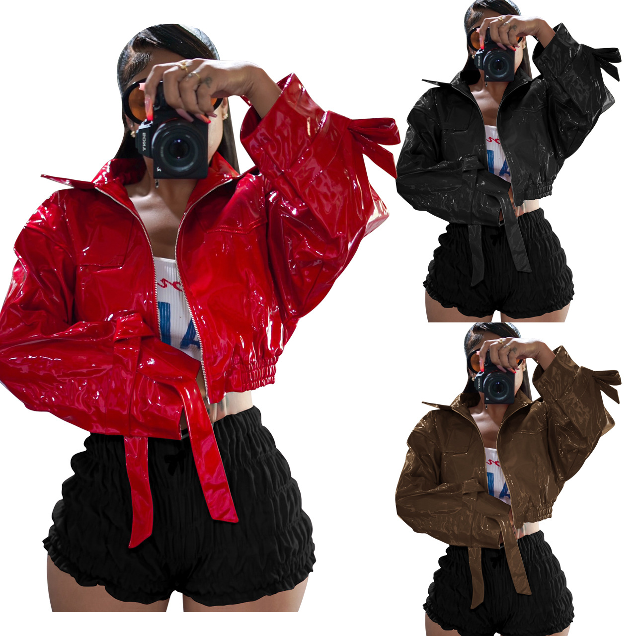 Yd8820-D6 European and American Clothing Amazon New Fashion Sexy Pure Color Pu Leather Jacket Cross-Border Women