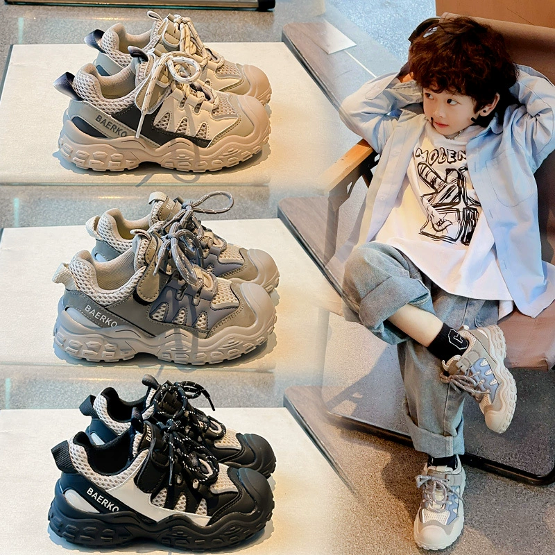 Детская спортивная обувь 2024 осень новый средний и средний ребенок сетчатая дышащая детская обувь для мальчиков нескользящая легкая беговая обувь