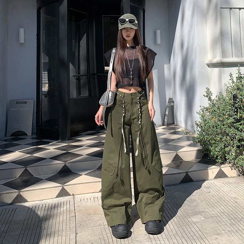 军绿色美式街头宽松阔腿裤女秋季慵懒风工装裤高腰休闲弯刀运动裤|undefined