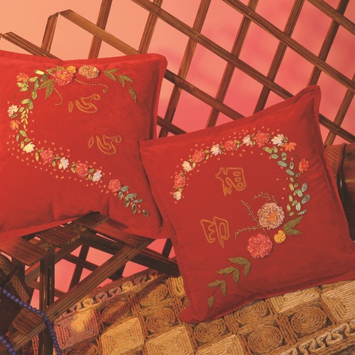 Oujin seda cinta bordado almohada DIY material paquete cojín almohada festiva boda franela roja flor salón dormitorio