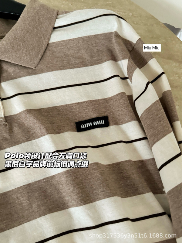 mm25春夏新款时尚百搭字母徽标拼色翻领宽松条纹长袖T恤女款|undefined