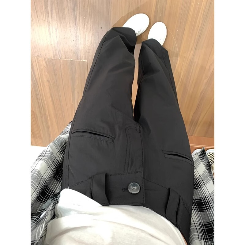 大きいサイズの太ったmmの黒色のまっすぐな筒の広い足のズボンの女性の夏の新型の高い腰はやせていてゆったりしている感じがします。|undefined