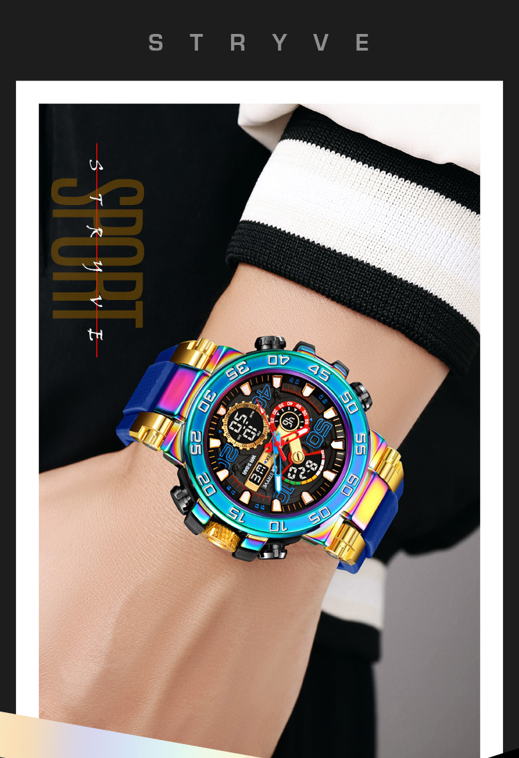 STRYVE Sports Colorful Luminous Chronograph Electronic Waterproof Wrist Watch Metal Case Multifunctional Student Watch 8030_voghion.com